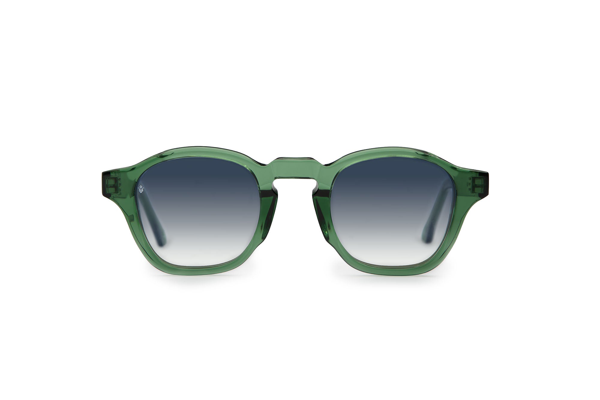 Virgil round bottle-green sunglasses with blue lenses — luxury Italian-made eyewear by J. Goldin, Atlanta.