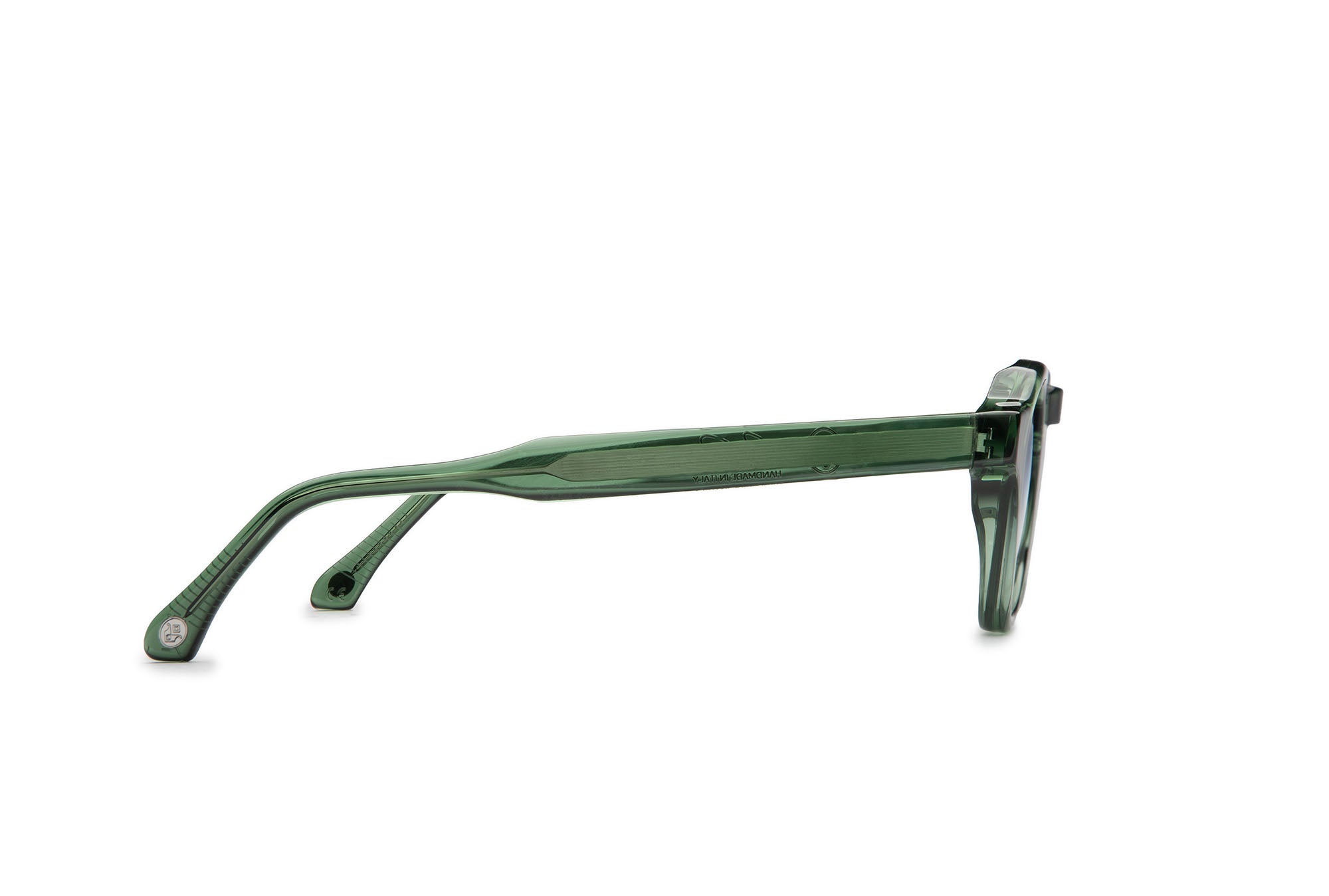 Side view of Virgil bottle-green sunglasses with blue lenses by J. Goldin — handcrafted Italian eyewear.