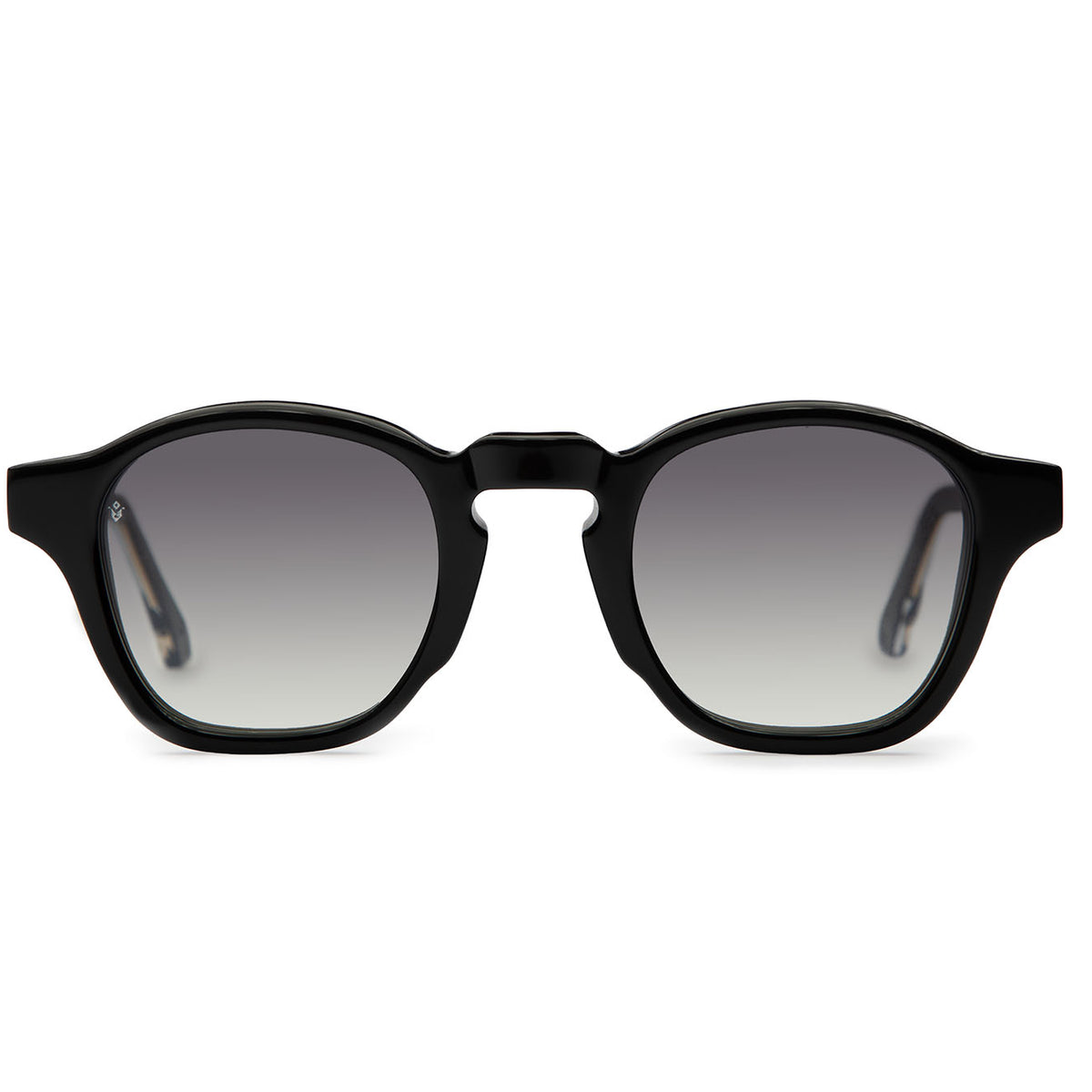 Virgil round black sunglasses with grey lenses — luxury Italian-made eyewear by Atlanta brand J. Goldin.