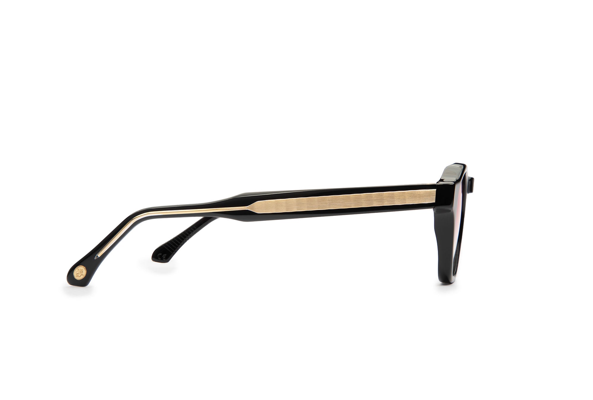 Side profile of Virgil black sunglasses with rose lenses by J. Goldin — handcrafted Italian eyewear.