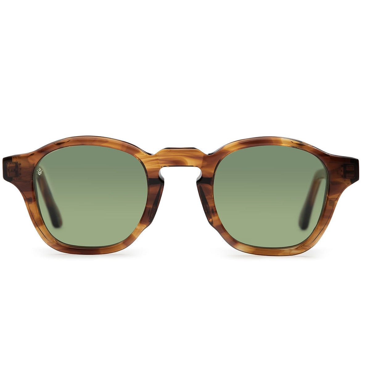 Virgil round brown tortoise sunglasses with green lenses — Italian-made luxury eyewear by J. Goldin, designed in Atlanta.