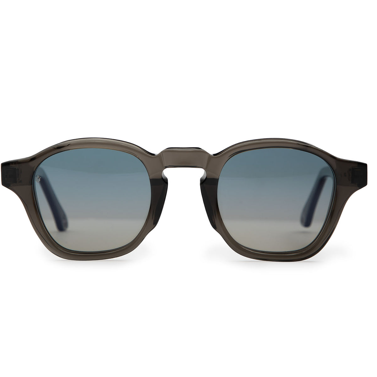 Virgil round grey sunglasses with blue-grey lenses — luxury Italian-made eyewear by Atlanta brand J. Goldin.