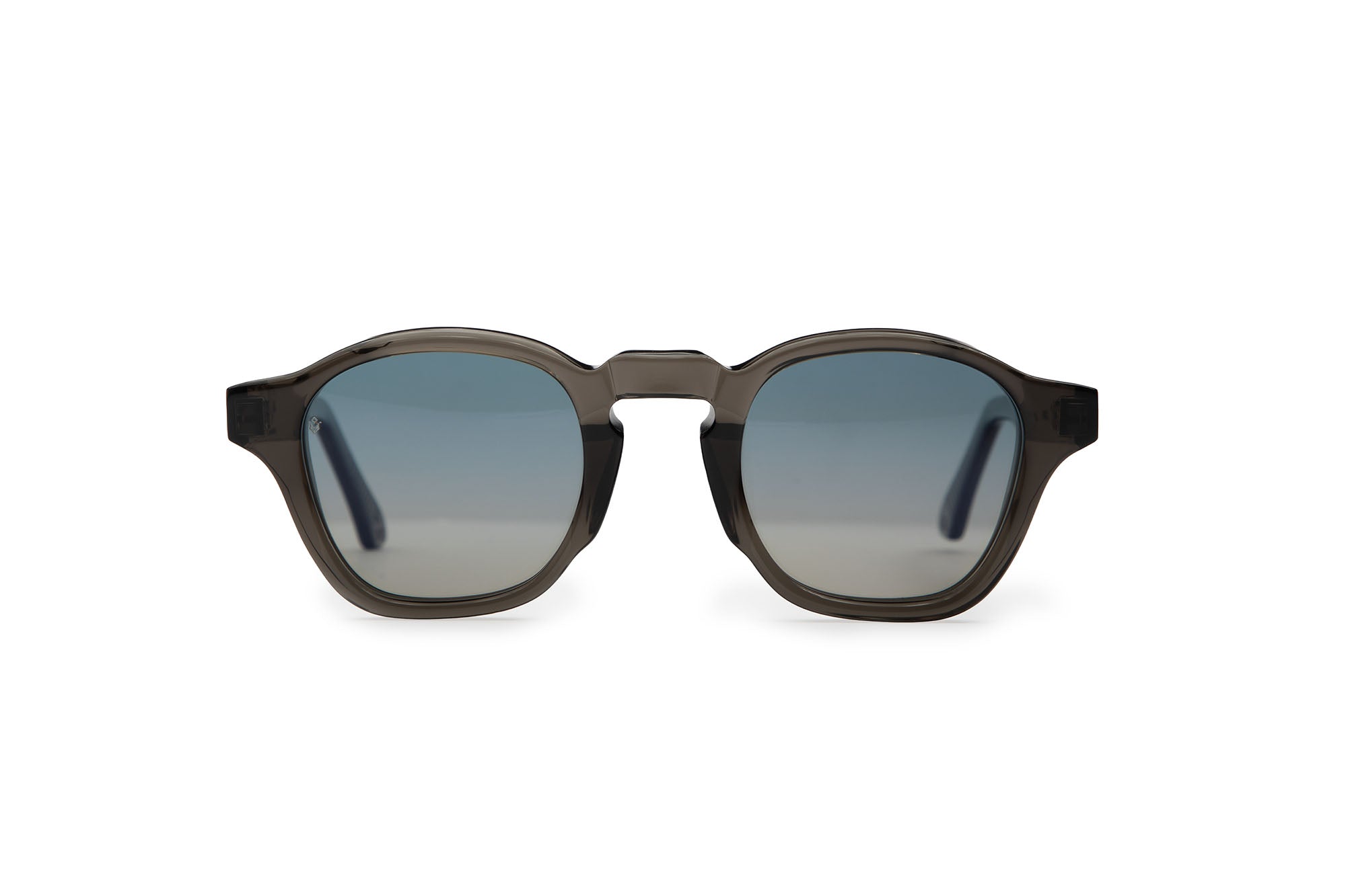 Virgil round grey sunglasses with blue-grey lenses — luxury Italian-made eyewear by Atlanta brand J. Goldin.