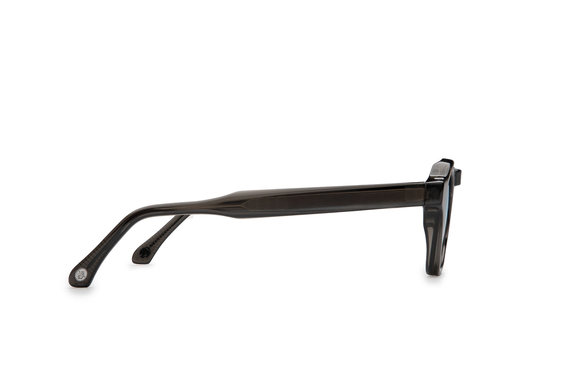 Side view of Virgil grey round sunglasses by J. Goldin, handcrafted Italian luxury eyewear.