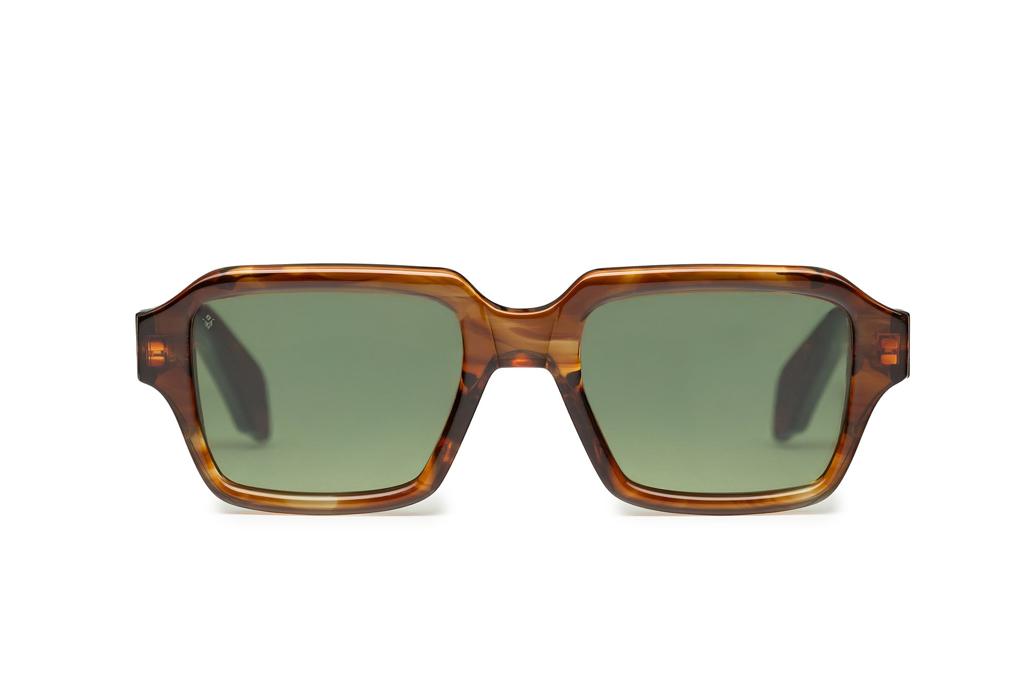 Dante square sunglasses in Dark Brown Demi with green lenses — Italian-made luxury eyewear by J. Goldin, designed in Atlanta.