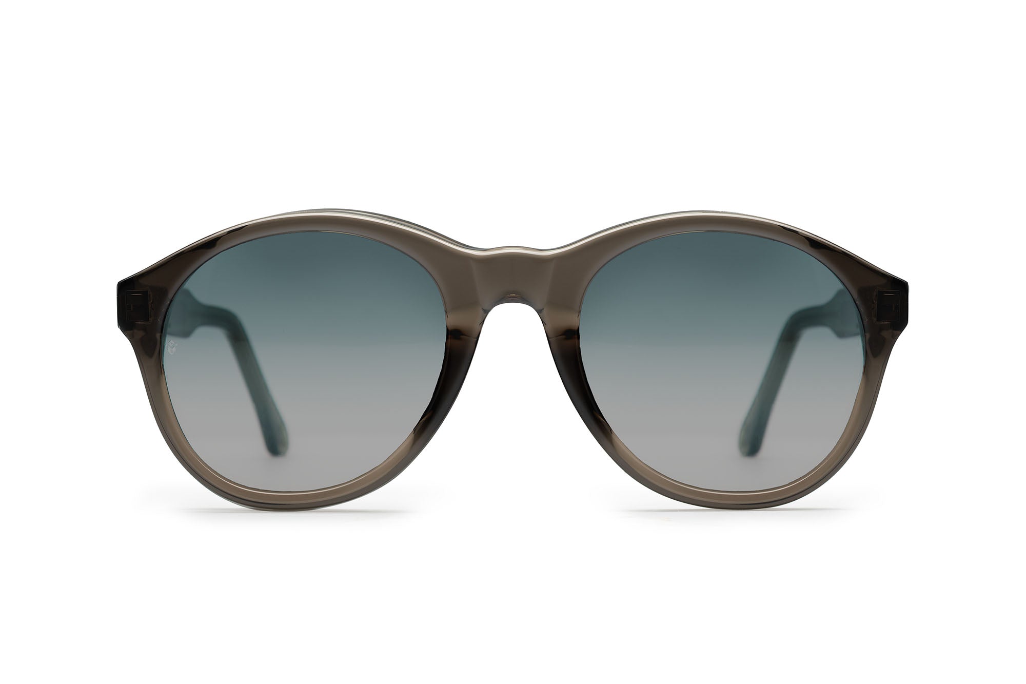 Eros round sunglasses in Grey Crystal with blue-grey lenses — Italian-made luxury eyewear by J. Goldin, Atlanta.
