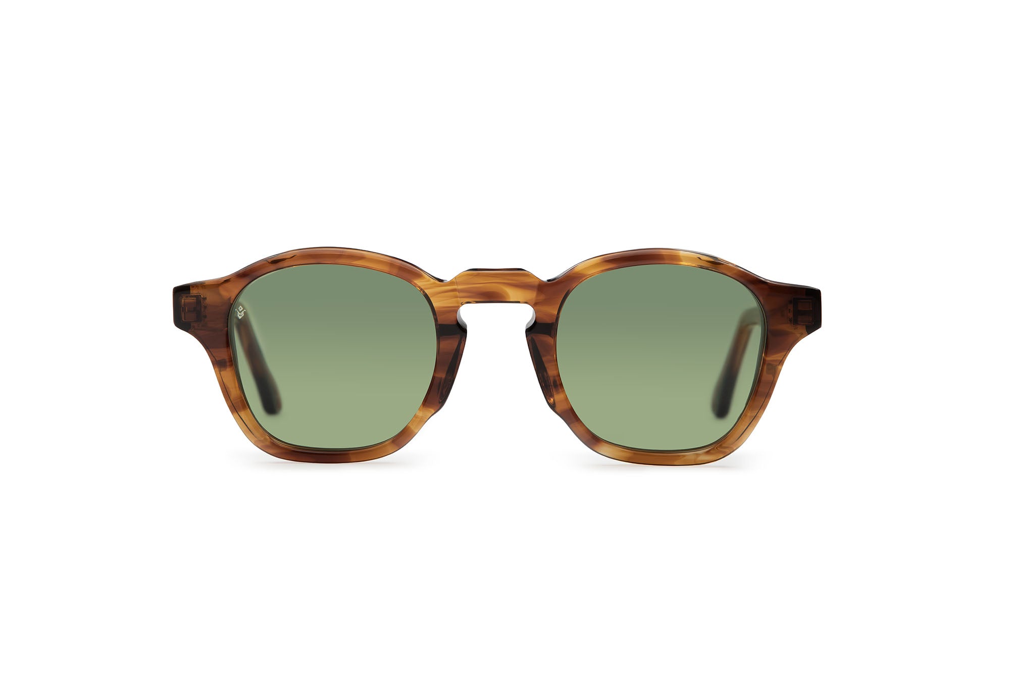 Virgil round brown tortoise sunglasses with green lenses — Italian-made luxury eyewear by J. Goldin, designed in Atlanta.